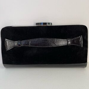 VINTAGE Black Suede Leather Clutch Bag Frame Style Top Clasp Occasion Event Chic